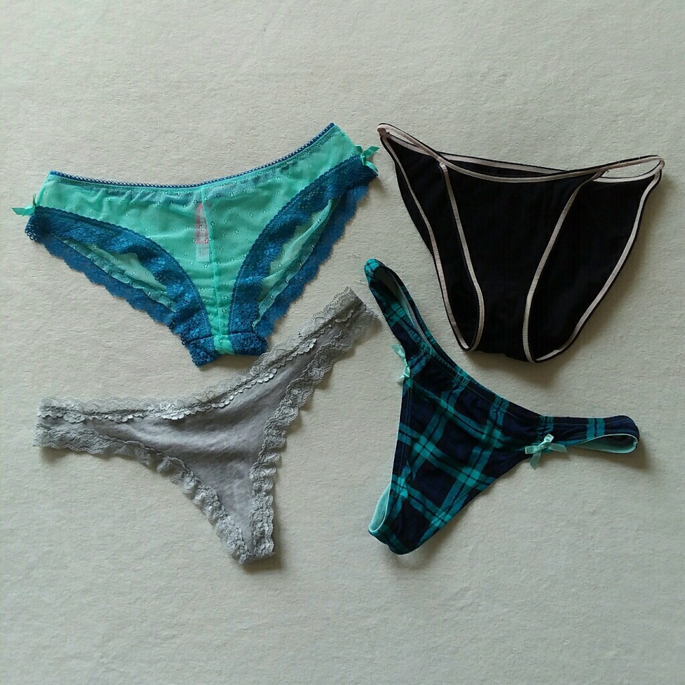 Lot of 4 Small Panties Thongs Plaid Blue Mesh